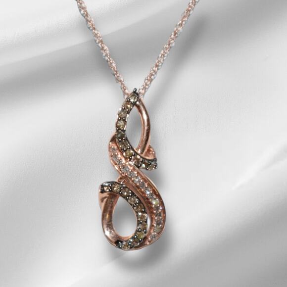 Brown White Diamond Pendant Necklace 10k Rose Gold 18 inch Chain - Picture 1 of 4